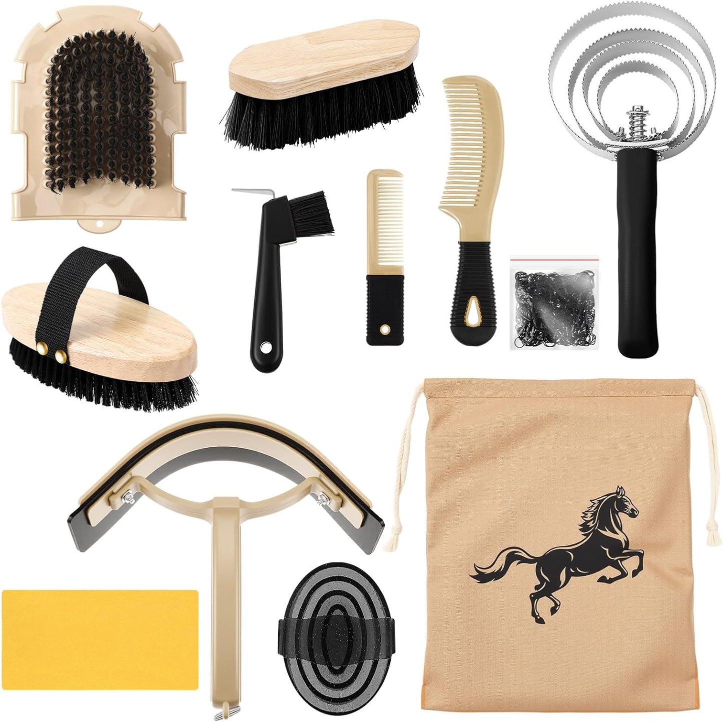 Abbylike 12 Pieces Horse Grooming Kit Racing Festival Tack Room Supplies Horse Brush Sets Equine Care Cleaning Kit Shedding Grooming Massaging Tools(Black)
