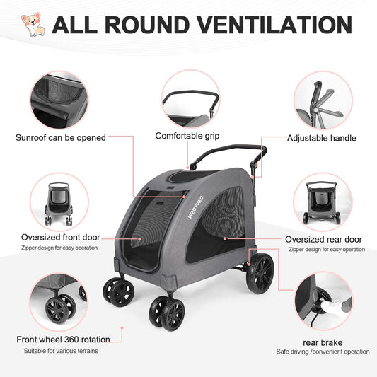 Large Dog Travel Stroller with 4 Heavy Duty Wheels Pet Stroller with Adjustable Handle - Double Doggie Capacity Jogger Wagon with Back Front Door for Small Medium Large Dogs (Dark Light Gray)