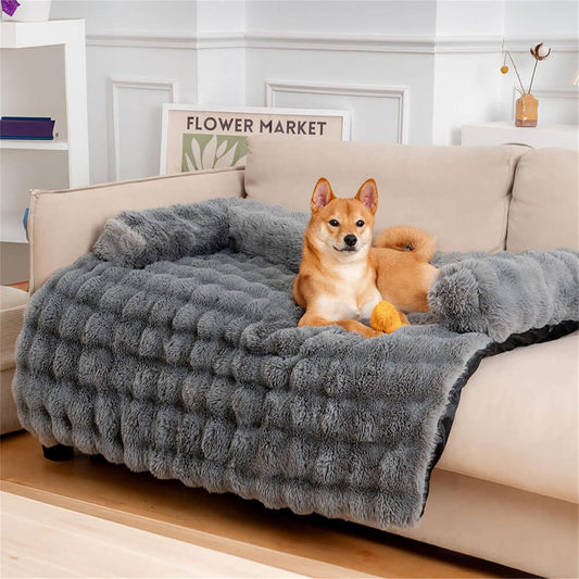 FUNNY FUZZY Pet Fluffy Plush Calming Dog Couch Bed Sofa Protector Washable Pets Mat for Large Medium Small Dogs and Cats (Grey,47.24 × 37.4 × 6.3 in)