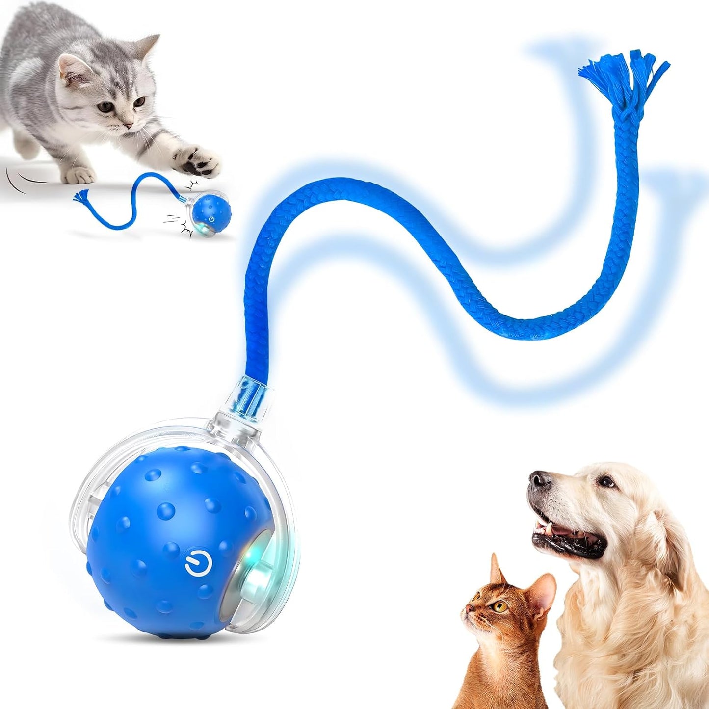 Tiny Fetch Dog Toy, Tinyfetch Interactive Dog Cat Toys Balls with Birdsong, 360° Smart Automatic Rolling Dog Ball Toy with Rope for Pets Indoor & Outdoor Play (Blue)