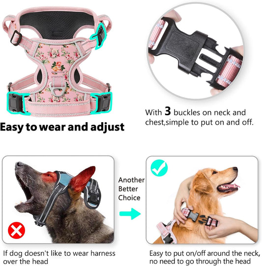 Timos No Pull Dog Harness,NO Need Go Over Dogs Head 3 Snap Buckles Reflective Oxford No Choke Harness with Front & Back 2 Metal Leash Clips Soft Padded for Small Medium Large Dogs Pink S