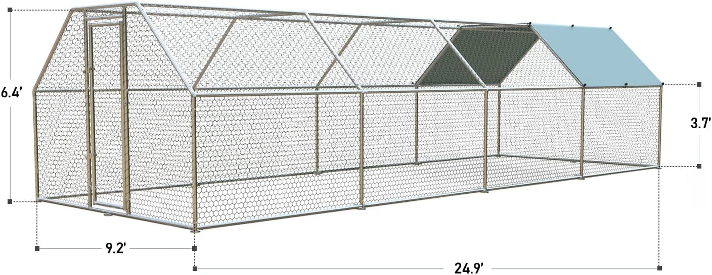 1.26’’ Large Metal Chicken Coop Walk in, Chicken Pen for Chickens, Outdoor Chicken Runs Coops Dog Kennel, Flat Roofed Chicken Runs for Yard with Anti-Ultraviolet Cover (9.2’L x 25’W x 6.4’H)