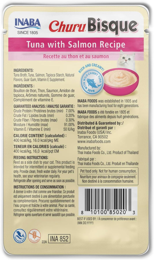 INABA Churu Bisque for Cats, Creamy Lickable Purée Side Dish with Vitamin E, 1.4 Ounces per Pouch, 12 Pouches, Tuna with Salmon Recipe