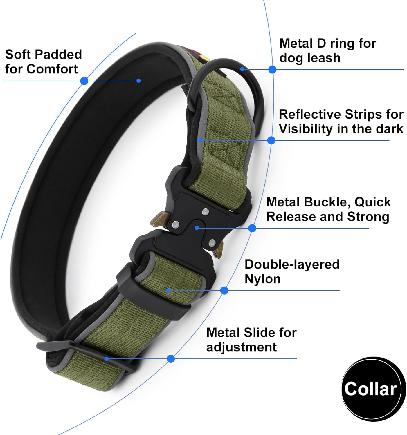 Plutus Pet Tactical Dog Collar, Reflective, Adjustable Heavy Duty Dog Collar, Soft Padded and Comfortable, for Small Medium and Large Dogs (Ranger Green, XL)