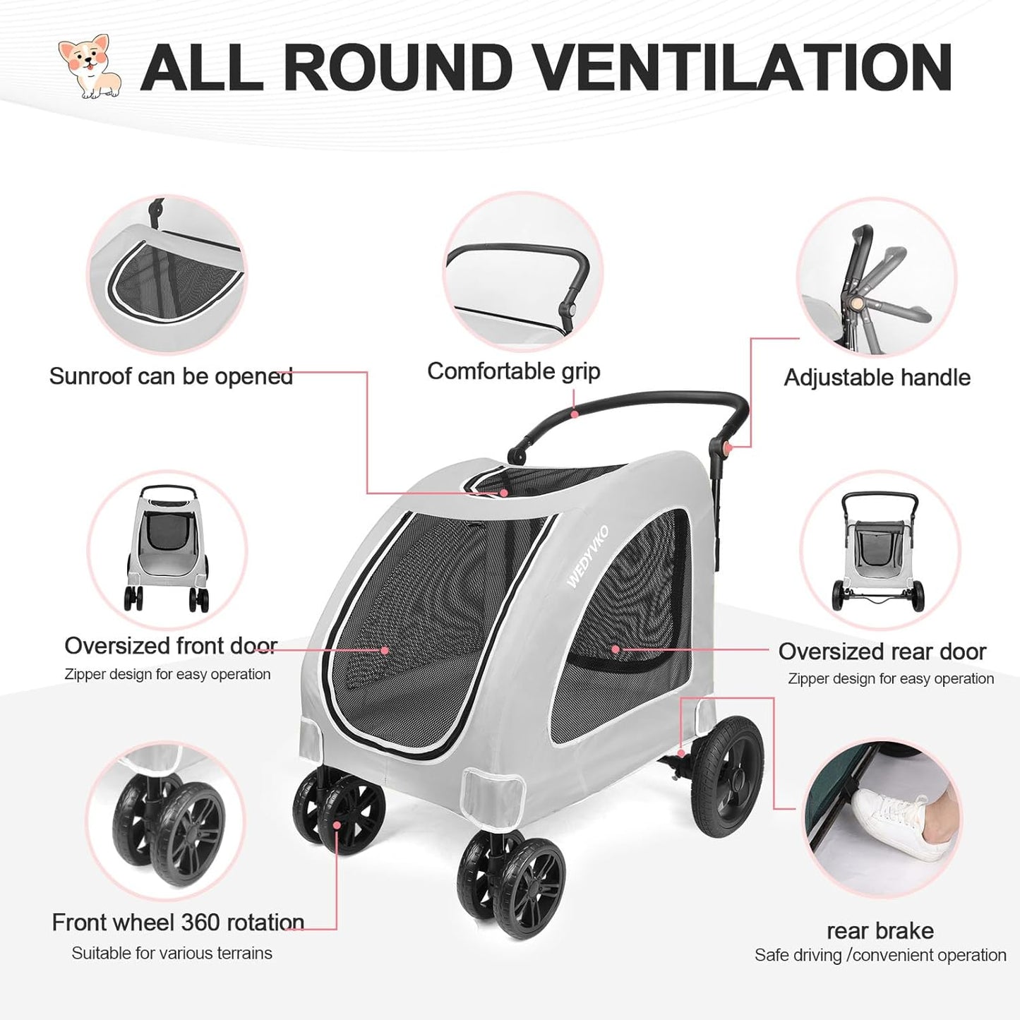 Large Dog Travel Stroller with 4 Heavy Duty Wheels Pet Stroller with Adjustable Handle - Double Doggie Capacity Jogger Wagon with Back Front Door for Small Medium Large Dogs (Grey)
