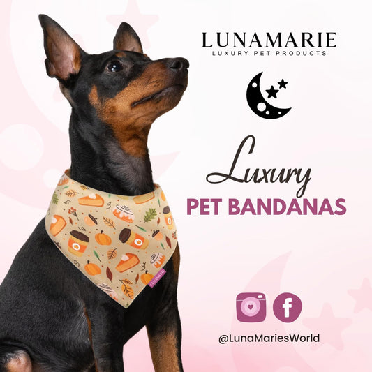 LunaMarie - Luxury Dog Bandanas - Pumpkin Spice Fall Design | Premium & Silky Poly Fabric | 100% Handmade Quality | Custom Shape Dual Layered Reversible Small, Medium, Large Pet (Fall Sweets, Large)