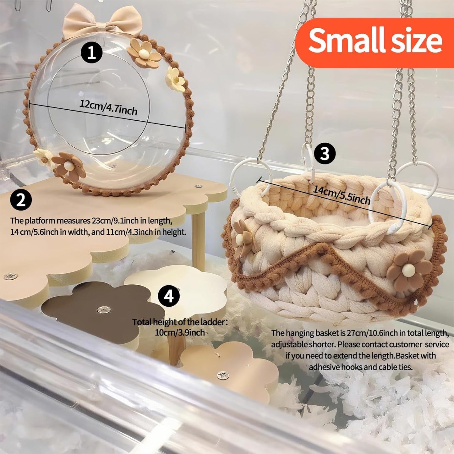 4-Pack Wooden Rat Cage Accessories - Platforms, Ladders & Hammocks Set for Chinchillas, Hamsters, Gerbils (for Iron/Wooden, Acrylic Hamster Cages + Customizable Layout) (9.1x5.6x4.3)