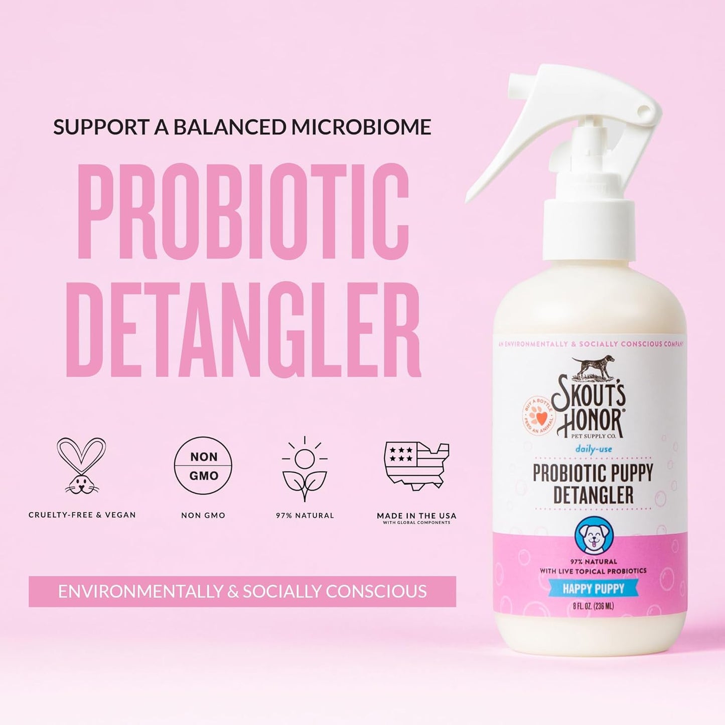 Skout's Honor Probiotic Pet Detangler Spray- Hydrating & Conditioning w/Avocado Oil, 97% Natural, Paraben & Sulfate-Free, softens for a More brushable Coat, Daily Use, 8oz, Happy Puppy, 2-Pack