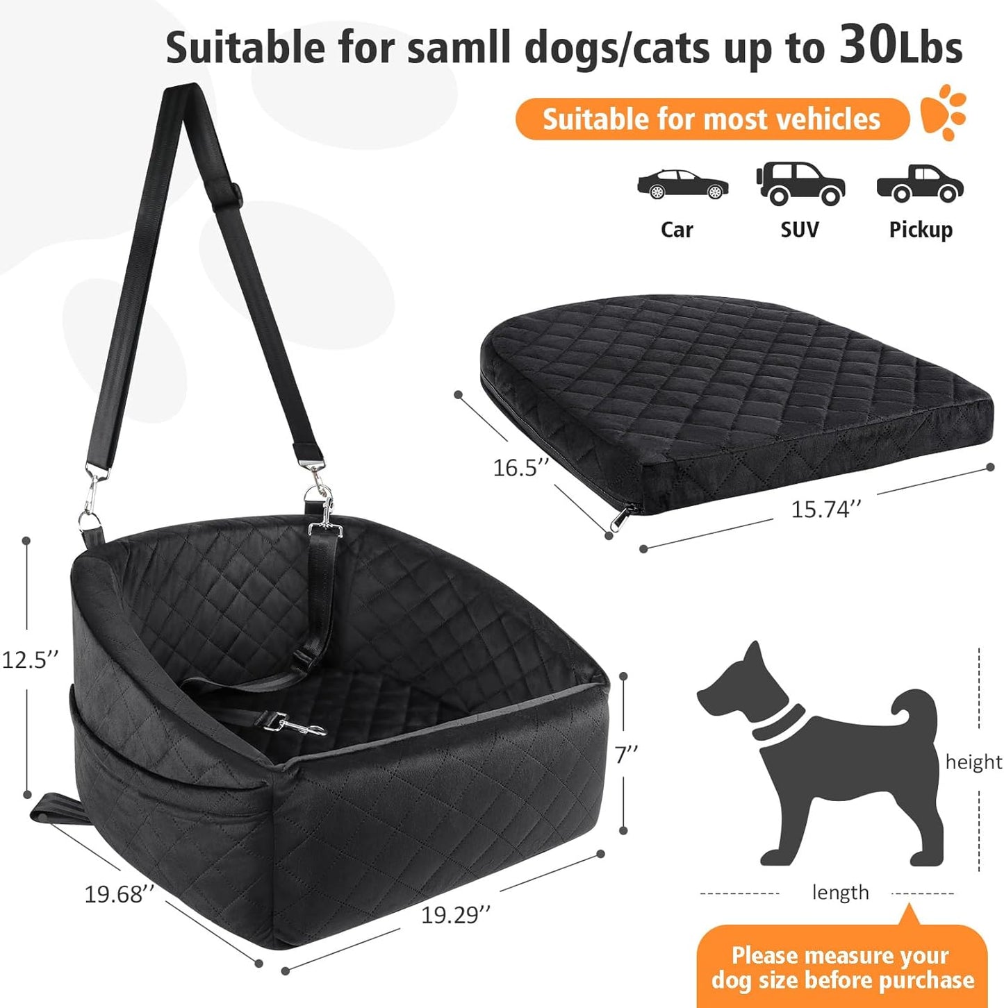 Dog Car Seat for Small Medium Dogs,Detachable Washable Dog Booster Seat Under 30lbs, Pet Car Seat Travel Bed with Storage Pockets and Dog Safety Belt (Black)