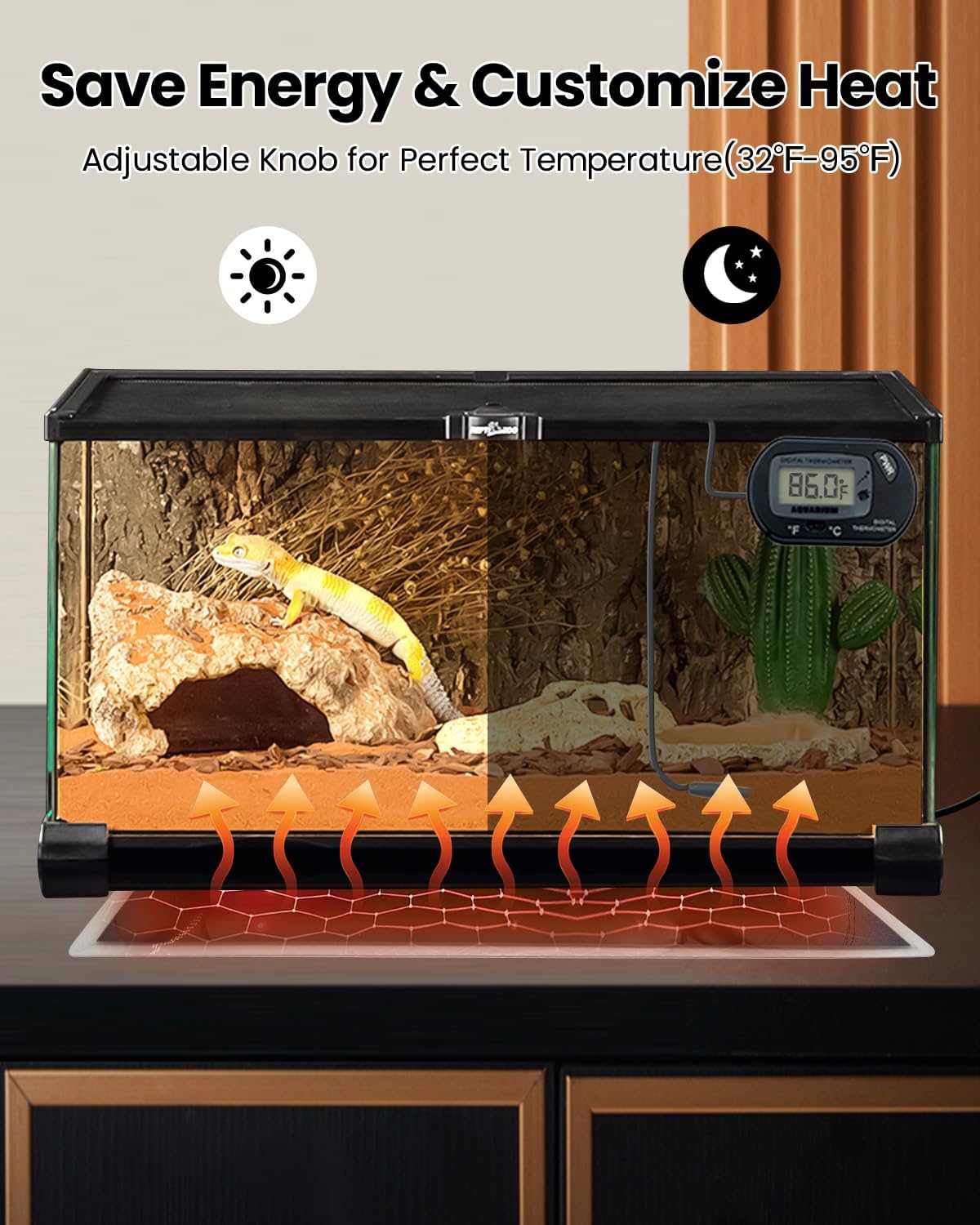 MQ Reptile Terrarium Heat Pad with LCD Digital Aquarium Thermometer, 6 x 11in Power Adjustment Under Tank Heater Mat for Pets, Small Animals, Seedling, 7W