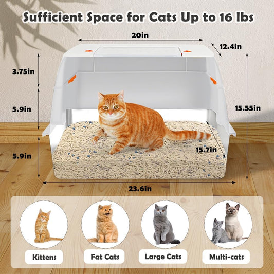 Vivifying Stainless Steel Litter Box with Lid, XL Side Entry Extra Large Litter Box for Big Cats & Kitty, Removable Enclosed Metal Cat Pan with High Sided Enclosure, Scoop, Mat, Footboard (Beige)