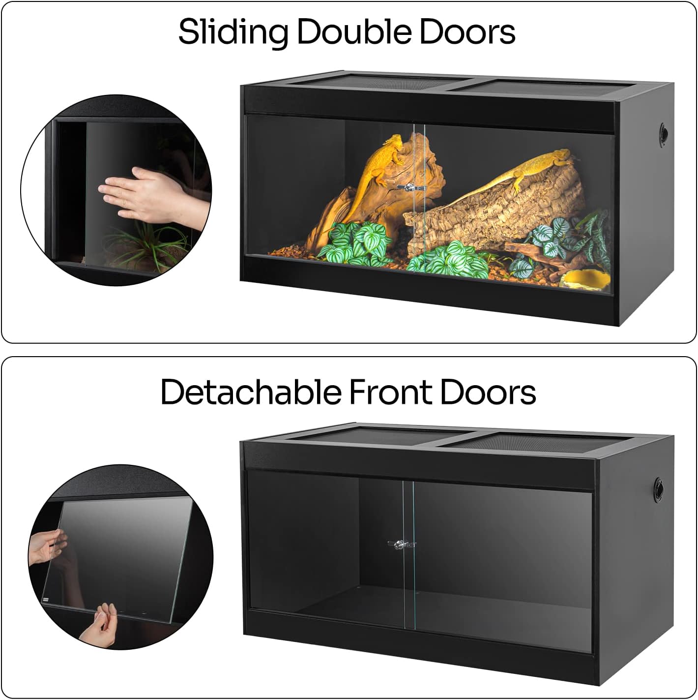OIIBO 120 Gallon Reptile Terrarium, 48" x 24" x 24" Wooden Reptile Terrarium with Double Hinge Sliding Doors and Top Screen Ventilation Black Reptiles Habitat Lounge