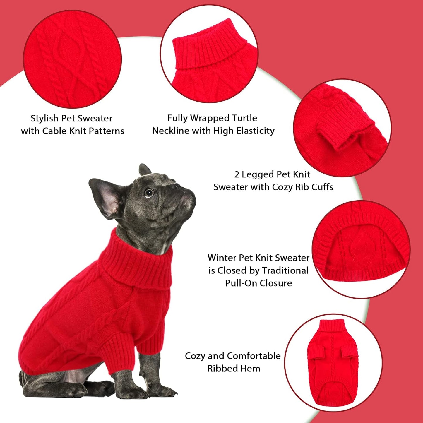 Queenmore Small Dog Pullover Sweater, Cold Weather Cable Knitwear, Classic Turtleneck Thick Warm Clothes for Chihuahua, Bulldog, Dachshund, Pug (Red, Medium)