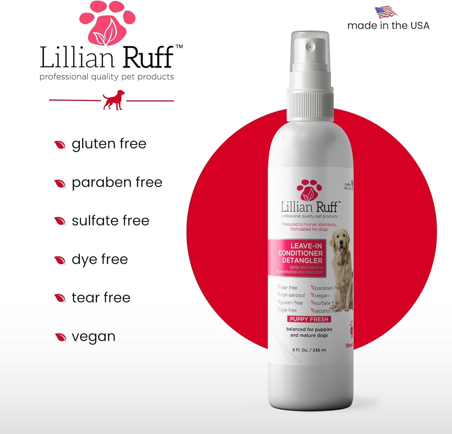 Lillian Ruff Leave-in Dog Conditioner & Detangler Spray - pH Balanced After-Bath No Rinse Dog Conditioning Spray - Silky Shine Spray for Dry Skin, Itch Relief, Detangling & Dematting (8oz/Brush)