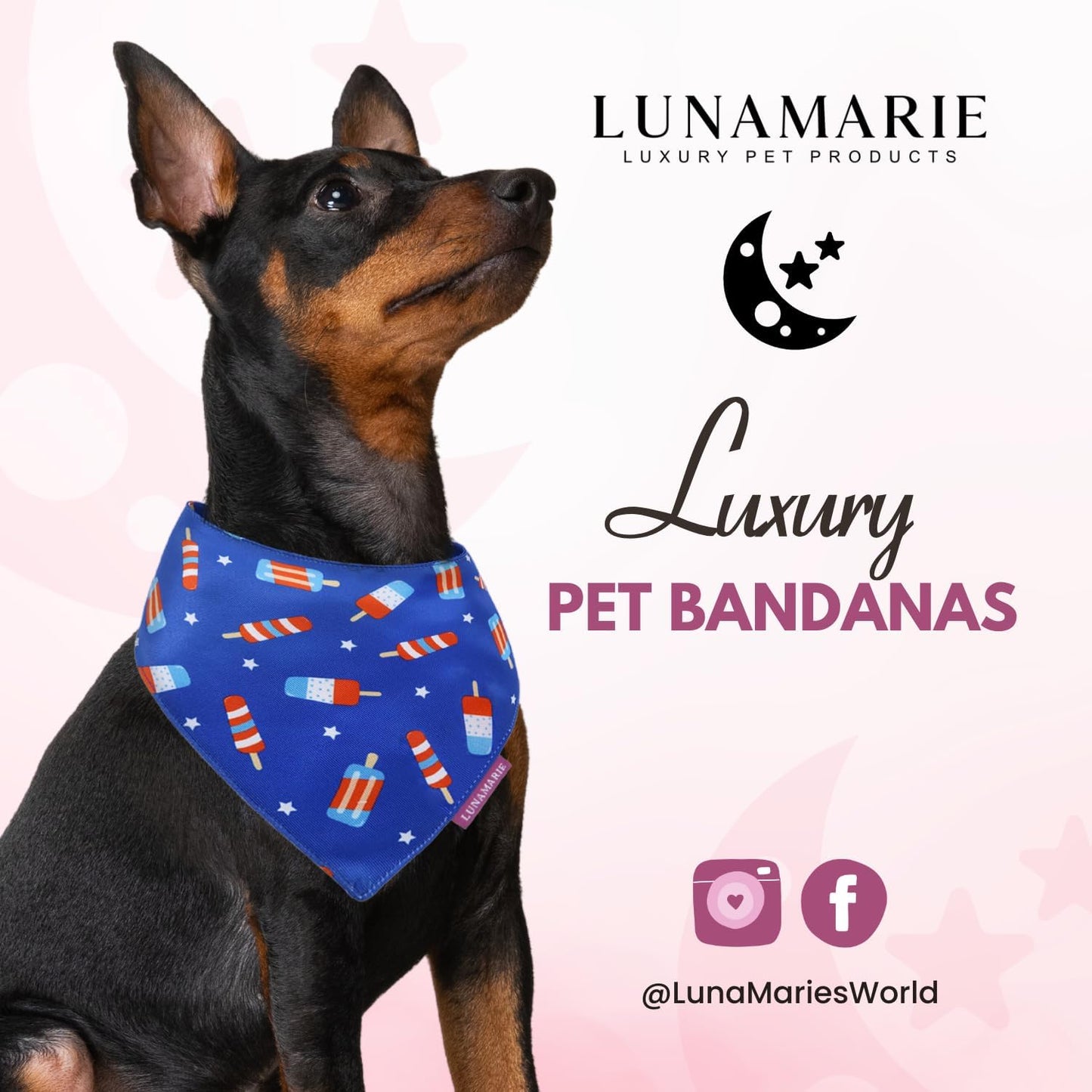 LunaMarie - Luxury Pet Birthday Bandanas -Premium & Silky Poly Fabric | 100% Handmade | Custom Shape Dual Layered (4th of July, Medium)