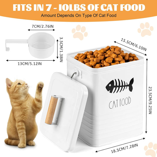 Cat Food Storage Container with Scoop - 5-7 lb Metal Cat Treat Container with Wood Handle, Pet Snacks Canisters with Airtight Lid & Dry Food Scoop for Kibble & Treats, Kitchen Counter Organizer