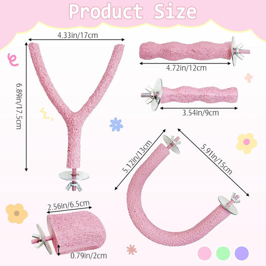 PINVNBY 5 Pack Bird Perch Resin Bird Beak Grinding Stone Parrot Cage Perch Stand Platform Foot Claws Trimmer Chew Toy Bird Cage Accessories for Budgie Cockatiel Conure Lovebird Finch (Pink)