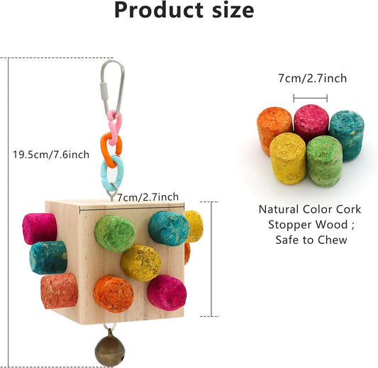 Square Bird Chew Toy, Parrot Cork Stopper Toys Bird Swing Bell Hanging Wooden Puzzle Foraging Toys Small Bird Bite Perch Stand, Small and Medium Parrots (1 Pack-Square Cork Stick)