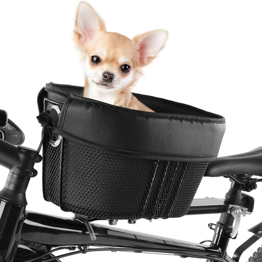 Dog Bike Basket Mountain Bike Shopping Basket Portable Cat and Dog Carrier for Bike Front Crossbar with Sponge Liner ty Strap (Black)