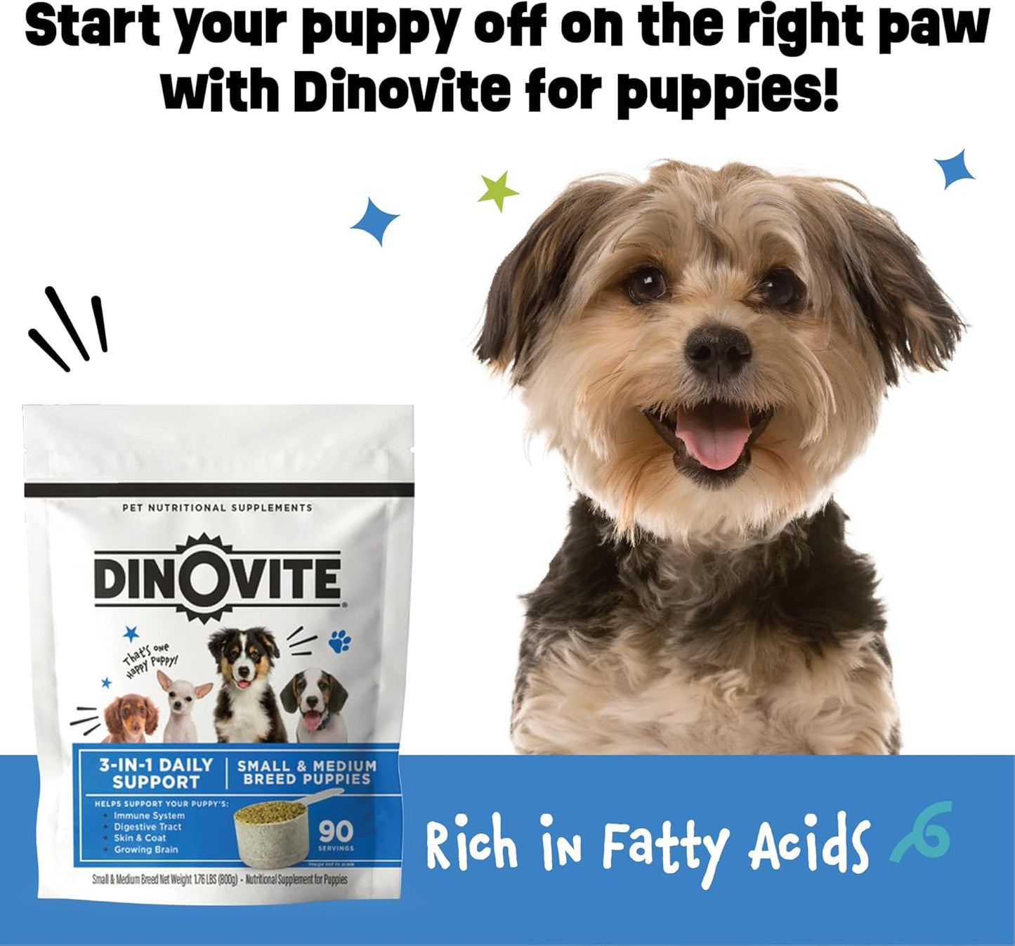 Dinovite 3 in 1 Probiotic for Puppies, Skin & Coat, Digestive Health & Joint Relief, Dog Food Toppers, Salmon Oil, Glucosamine, Allergy Relief & Itch Relief Skin Care, 90 Servings (Puppy)