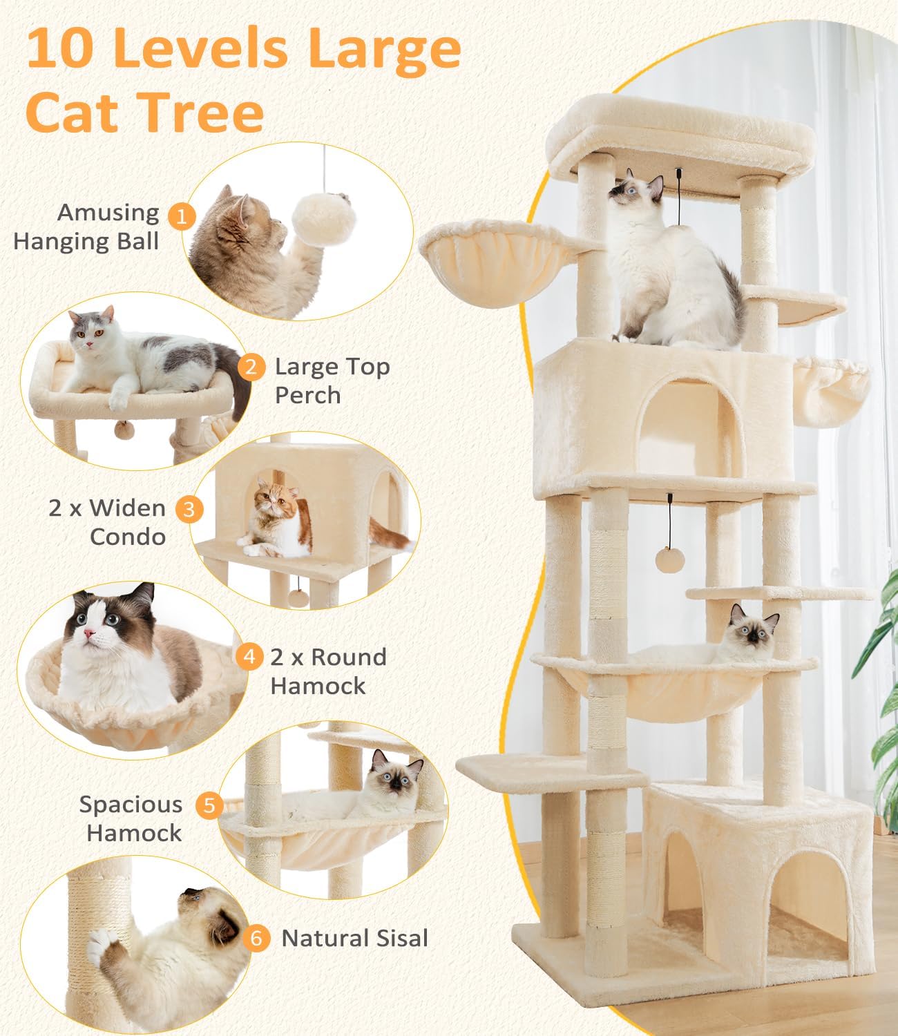 Cat Tree Large Cat Tower Tree 68" Multi-Level Cat Tower for Indoor Cats with Sisal Scratching Posts, Widen Cat Perche, Square Hammock, 2 Widen Condos, Scratching Posts, Beige
