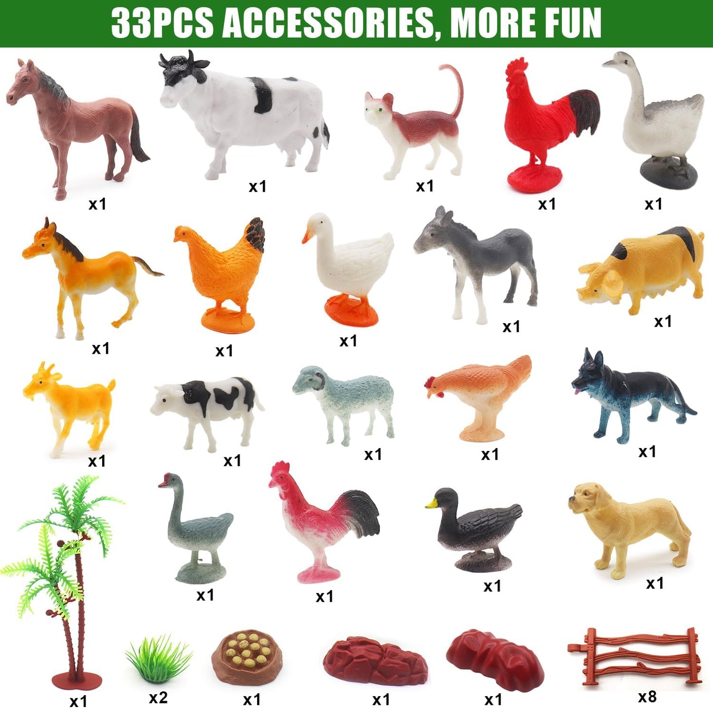 fisca Remote Control Tactor Toy Set & 33PSC Farm Vehicle Playset - Animal Figurines ,2.4GHz 1/24 Scale RC Tractor,Livestock Trailer, Fence with Light for Kids Age 4, 5, 6, 7 and Up Years Old