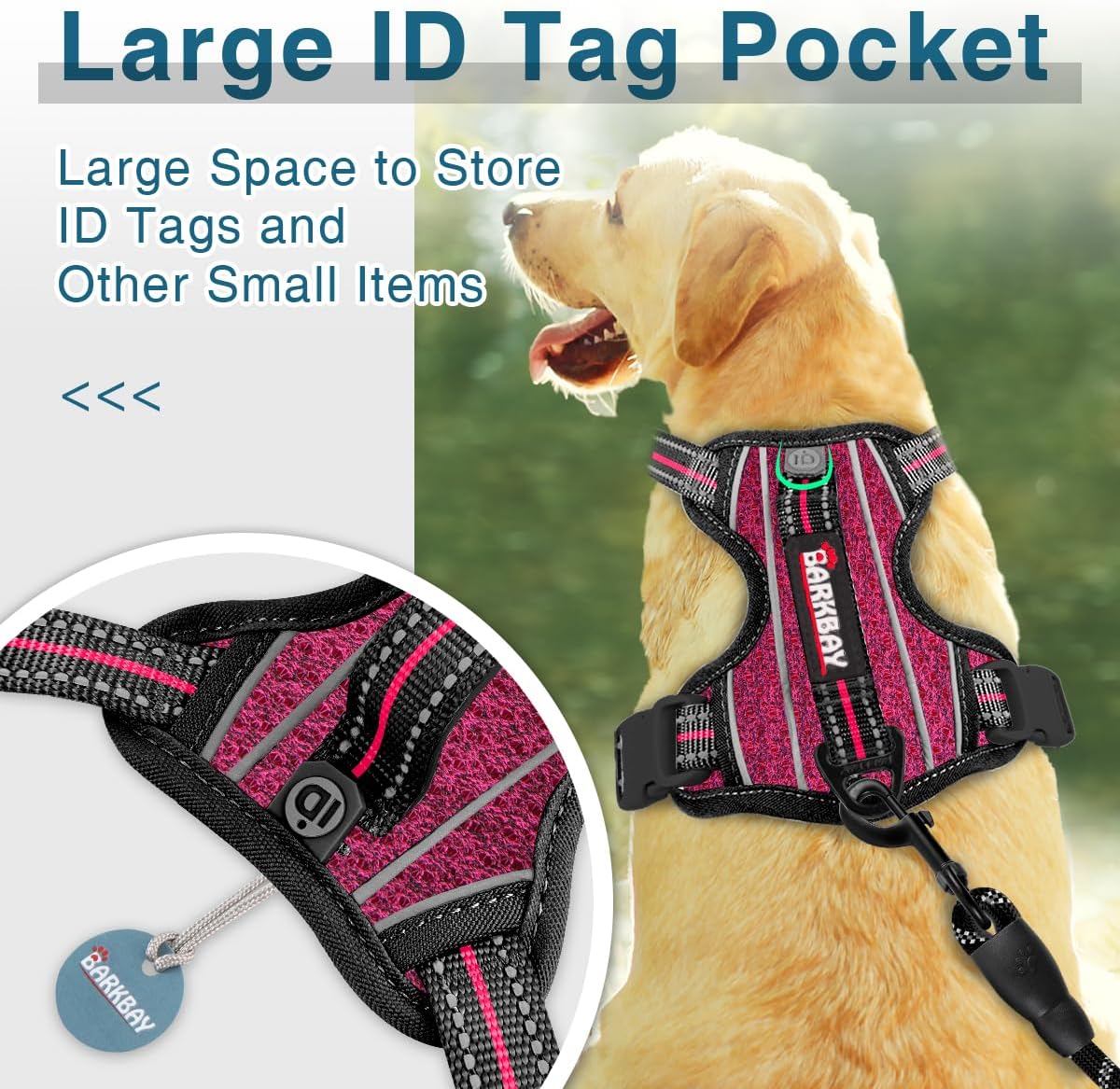 BARKBAY Dog Harness No Pull with ID Tag Pocket - Heavy Duty, Reflective, Easy Control for Large Dogs(Pink/Black,L)