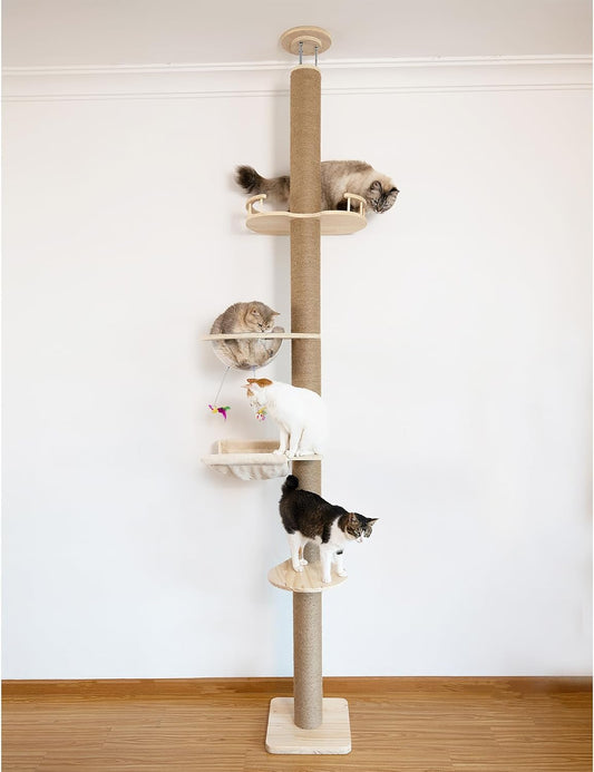 Floor-to-Ceiling Cat Tree with Natural Sisal Rope Scratching Post - Adjustable Height (55-119 Inches) - Modern Cat Activity Tree, Cat Scratcher Post