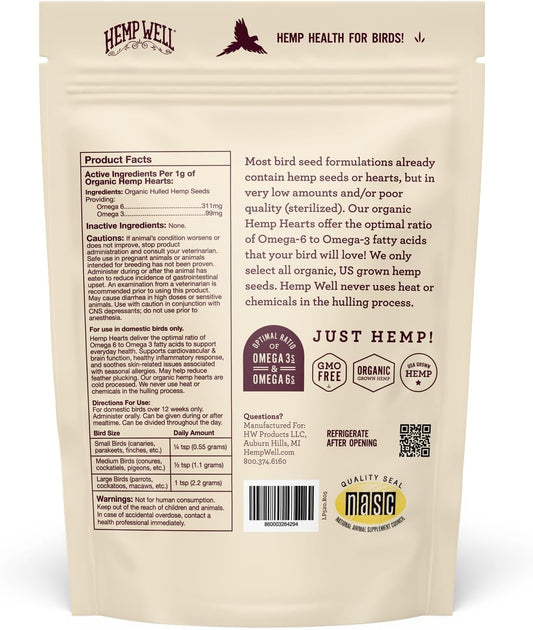 Hemp Well Organic Hemp Hearts –Reduces Feather Plucking, Promotes Relaxation, Immune Support, Organically Sourced, USA Grown, GMO Free – 1 Pound Bag