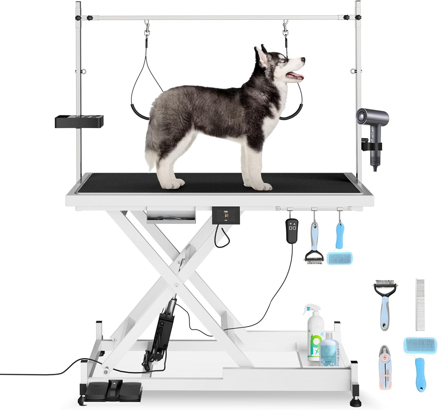 Heavy Duty Electric Lifting Pet Dog Grooming Table for Large Dogs with Overhead Arm, Anti-Skid Rubber Desktop and Powerful Motor, 50'' / White