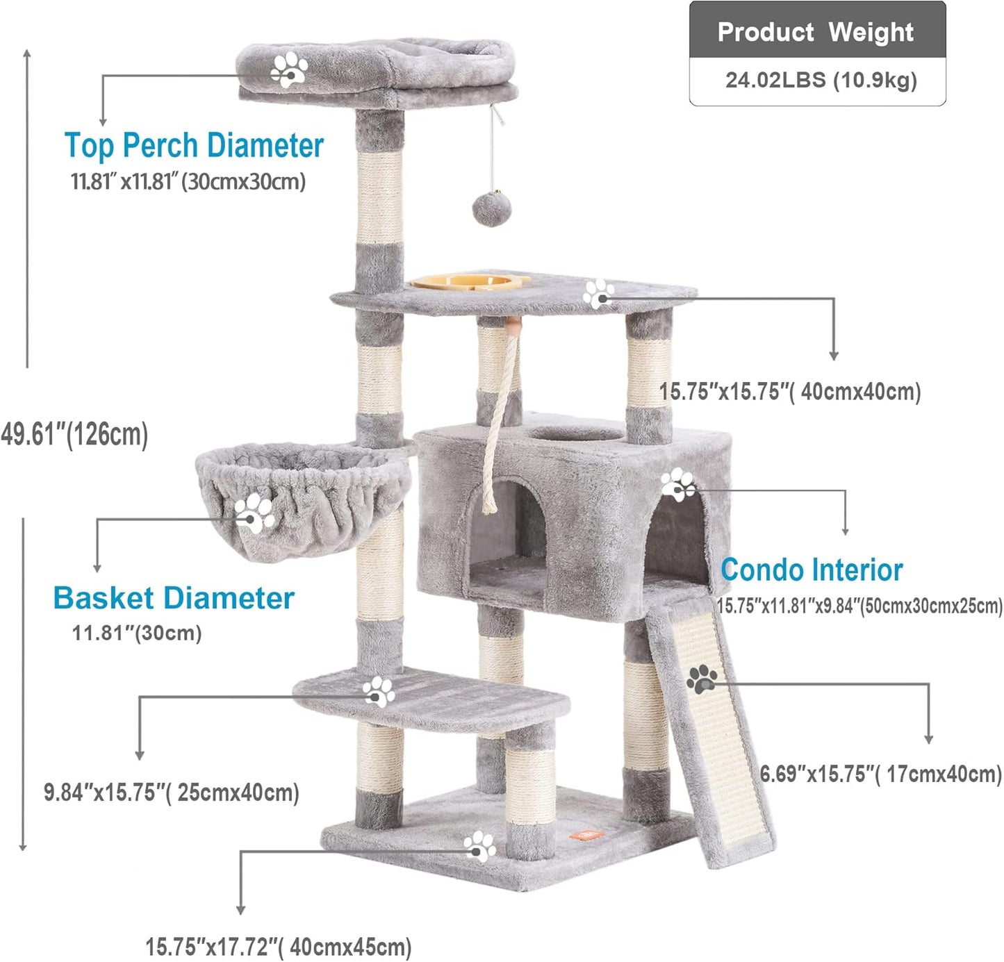 Heybly Cat Tree, Cat Tower for Indoor Cats with Scratching Board, Multi-Level Cat Furniture Condo with Feeding Bowl, Light Gray HCT010W