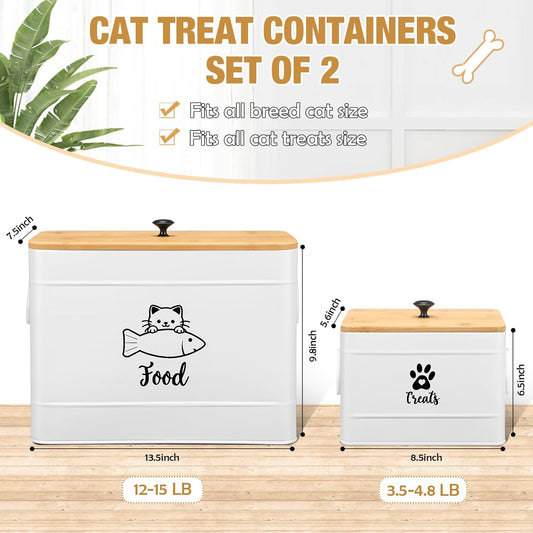 Extra Large Metal Cat Food Containers Airtight 12+3.5 lbs Cat Treat Snack Jars Set of 2 with Bamboo Lids and Spoons Farmhouse Big Pet Cookie Storage Jars for Kitchen Counter Gifts(White)
