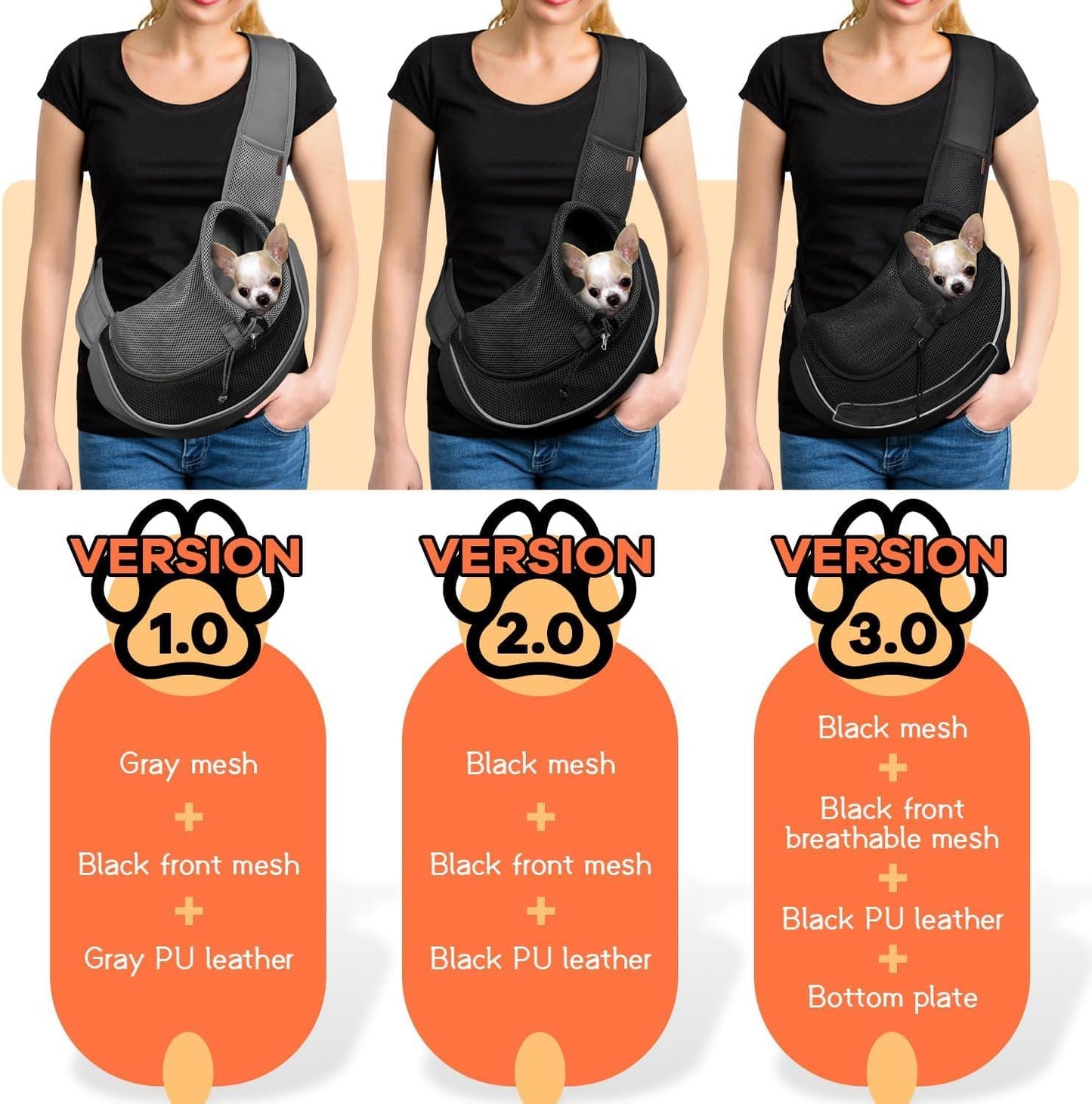 YUDODO Pet Sling Carrier for Small Dogs & Cats – Hands-Free Puppy Carrier with Safety Hook, Large Zipper Pocket, Soft Breathable Mesh, Adjustable Strap & Reflective Strip (Black 2.0 L)