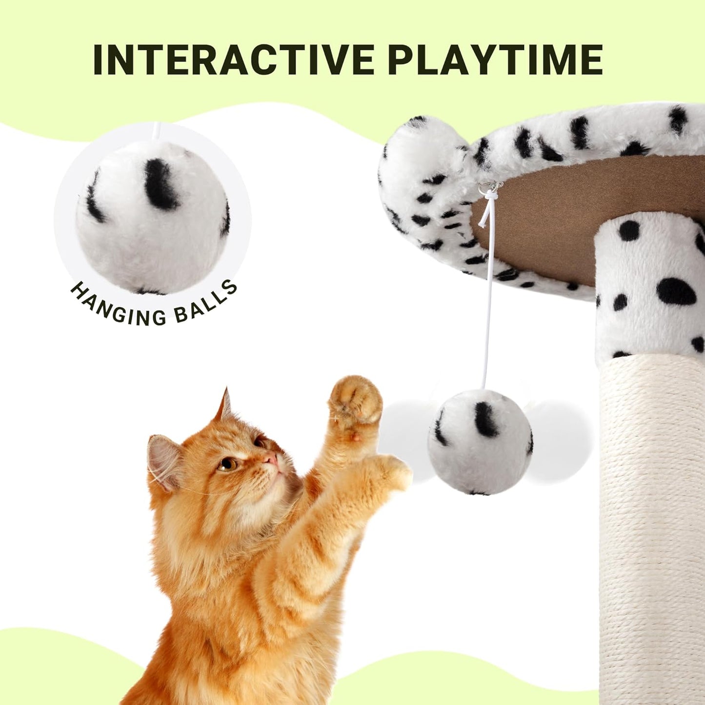Allewie 64 Inches Cat Tree Tower/Multi-Level Activity Center for Indoor Big Felines/2 Plush Condos/2 Perchs/Basket/House/Sisal Scratching Posts/Hanging Cat Toys/White & Black Spot