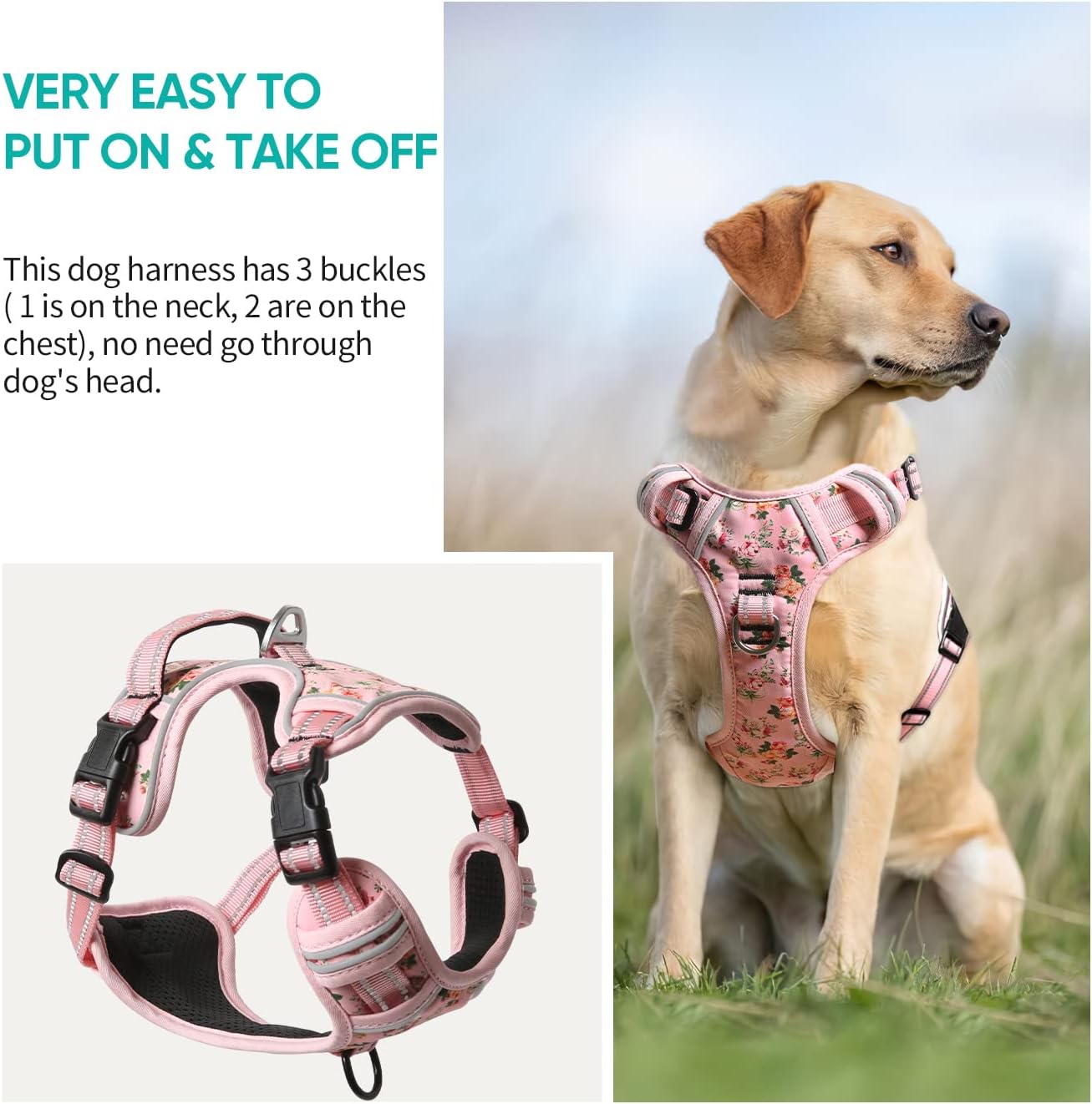 Timos Dog Harness, No-Pull Pet Harness with 2 Leash Clips, 3 Snap Buckles Adjustable Soft Padded Dog Vest, Reflective No-Choke Pet Oxford Vest with Easy Control Handle for Small Medium Large Dogs