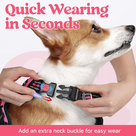 rabbitgoo Dog Harness Small Sized, No Pull Dog Vest with 3 Buckles, Adjustable Soft Padded Pet Harness with Easy Control Handle and Reflective Strips, Pink, S