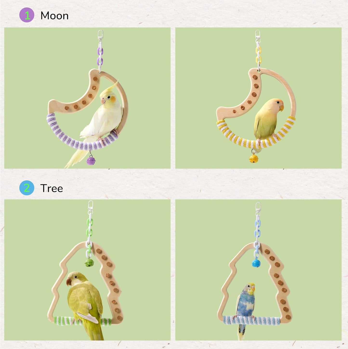 Natural Bird Swing - Moon-Shaped Parrot Perch with Bell and Cork Toys, Spinning Wooden Stand for Parakeets, Budgies, Lovebirds and Small/Medium Birds (White + Green)