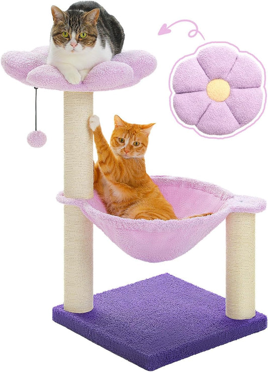 Flower Cat Scratching Post, 28" Cute Cat Tree Tower for Indoor Cats with Large Hammock Soft Perch Bed, Replaceable Toy Ball for Kittens, Purple