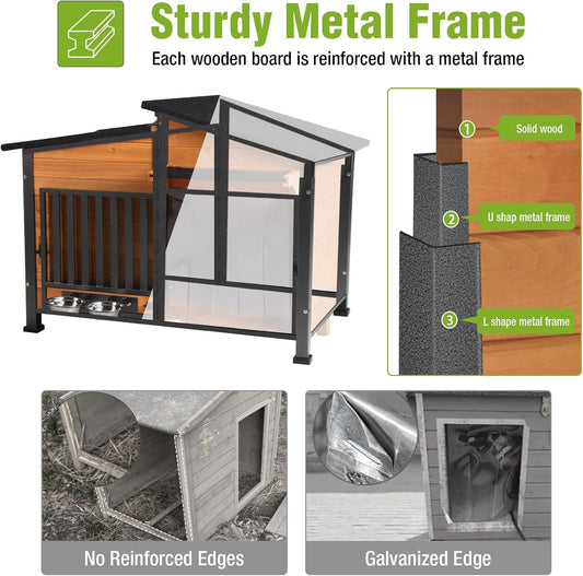 GUTINNEEN Dog House Outdoor Dog Kennel with Chew-Proof Metal Frame, Rotating Food Bowl, PVC Door Curtain, Weatherproof for Small Medium Dogs, 39.7" L x 25.5" W x 32.2" H (Dark Brown)