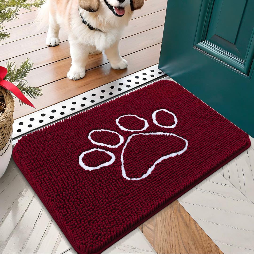 OLANLY Door Mat for Muddy Dog Paws 24x16, Ultra Absorbent Chenille Mud Doormat with Paw Print Design, Non-Slip Washable Doormat for Indoor Entryway, Quick-Dry Pet Bed Mats for Dirty Dogs, Burgundy