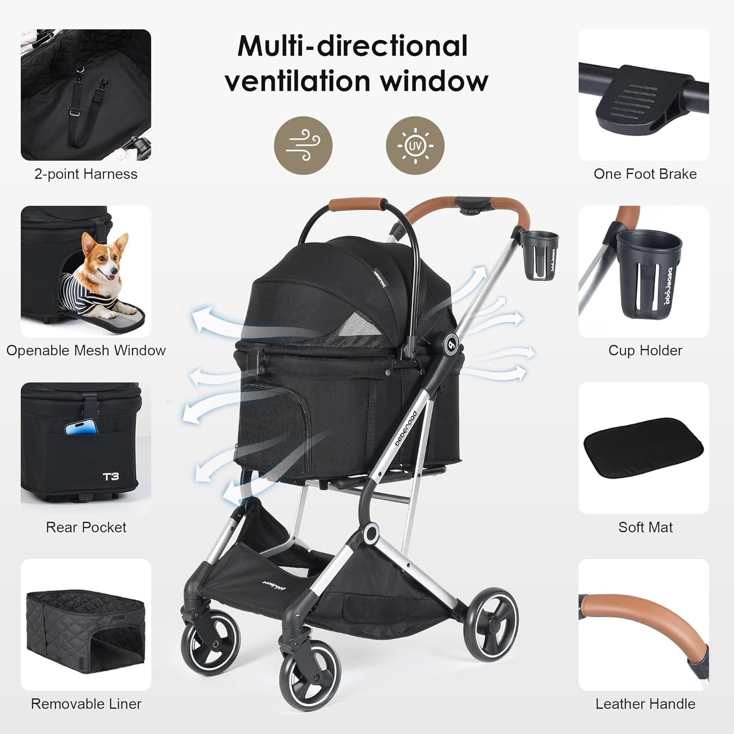 T3 Pro 3-in-1 Small Pet Stroller for Dog & Cats, 4 Wheels with Detachable Carrier with Pad, Canopy and Cup Holder (Black)