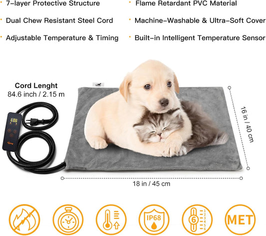 Toozey Small Pet Heating Pad, 6 Adjustable Temperature Dog Cat Heating Pad with Timer, Waterproof Heated Cat Bed with Chew Resistant Cord, Indoor Electric Pet Heated Mat 18x16in