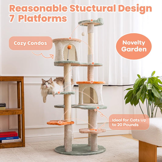 HYABi 63-inch Cat Tree for Large Cats, Multi-Level Flower Tower with Condo, Sisal Scratching Posts & Toy Balls, Sturdy & Safe Indoor Playhouse