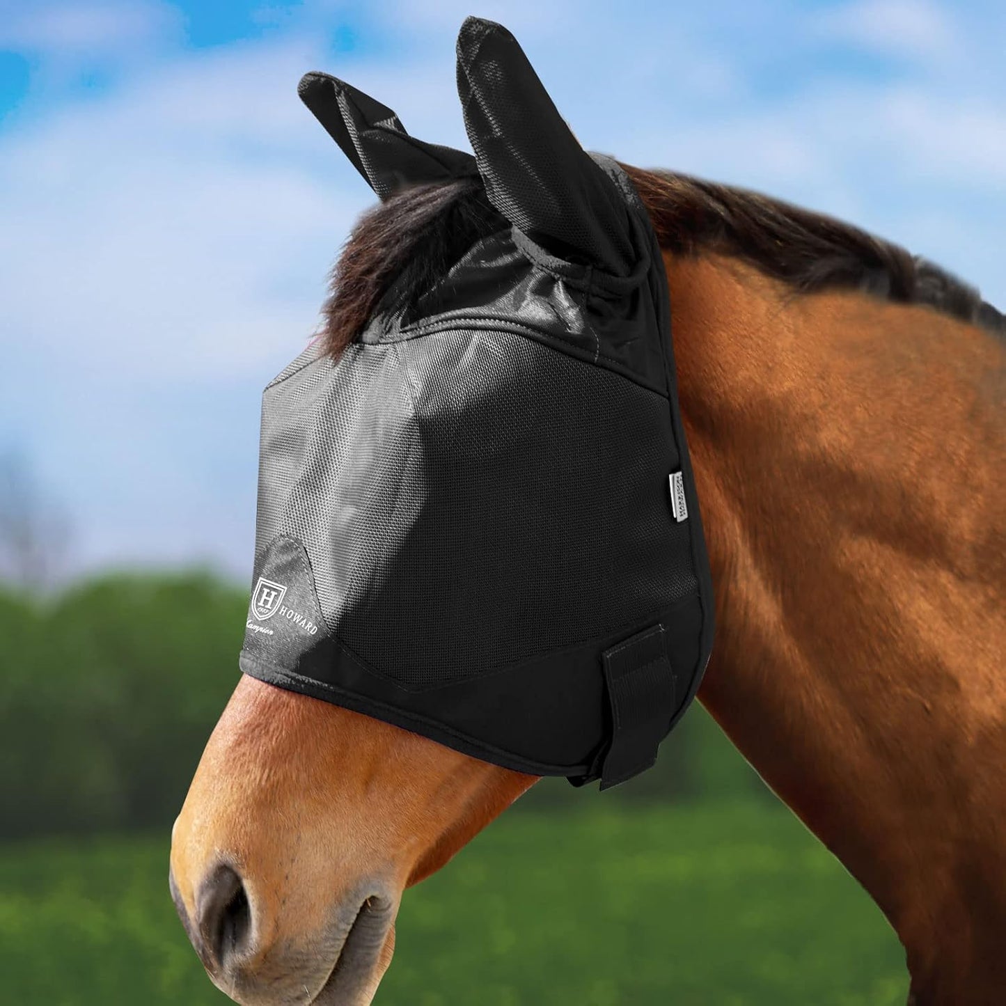 Harrison Howard UV-proof Multi-Function Fabrics Thick Fleece Padding Horse Fly Mask Half Face with Ears Black Horse Large