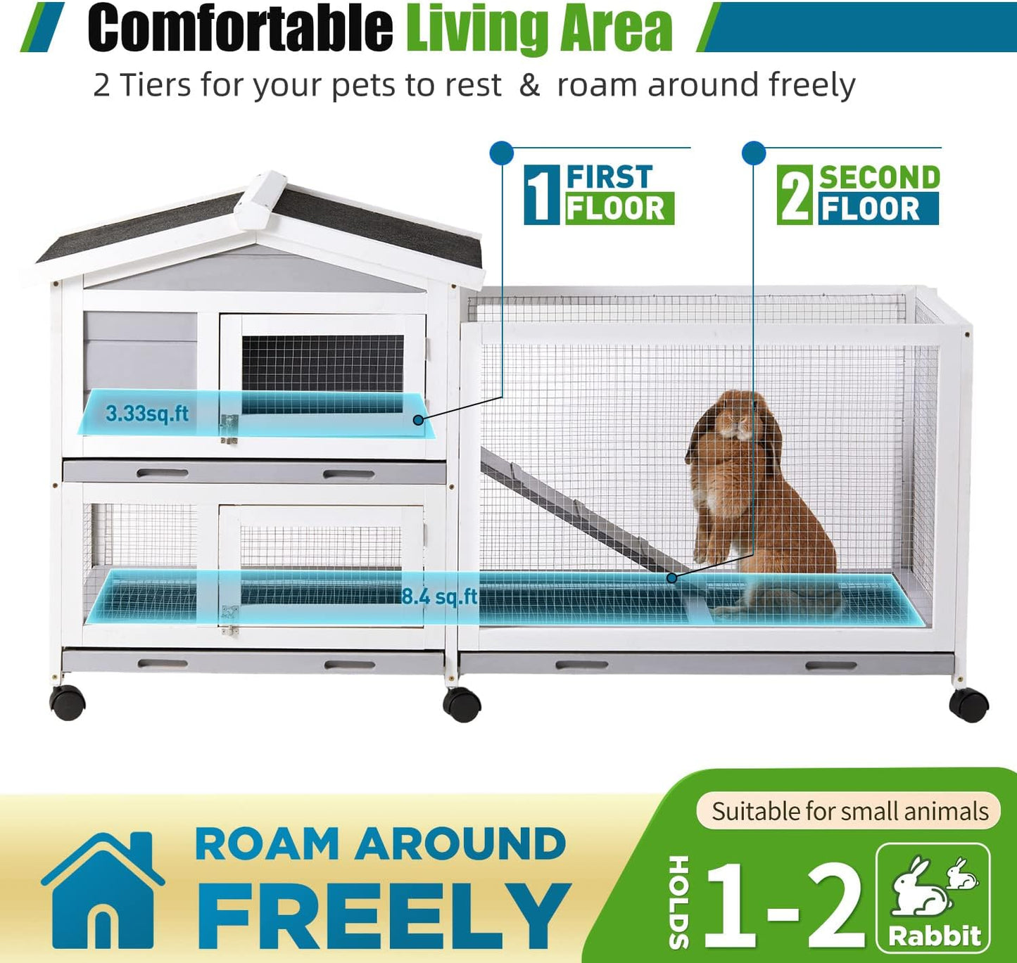 Rabbit Hutch, Indoor Cage Outdoor Two Story Bunny with Asphalt Roof Guinea Pig with Removable No Leaking Tray, Ramp, Pet House for Small Animals