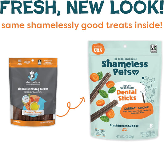 Shameless Pets Dental Treats for Dogs, Carrate Chomp - Healthy Dental Sticks with Skin & Coat Support for Teeth Cleaning & Fresh Breath - Dog Bones Chews Free from Grain, Corn & Soy
