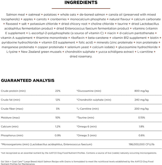 Go! Solutions Skin + Coat Care, Dry Dog Food, Large Breed Adult Salmon Recipe with Grains, 25 lb Bag