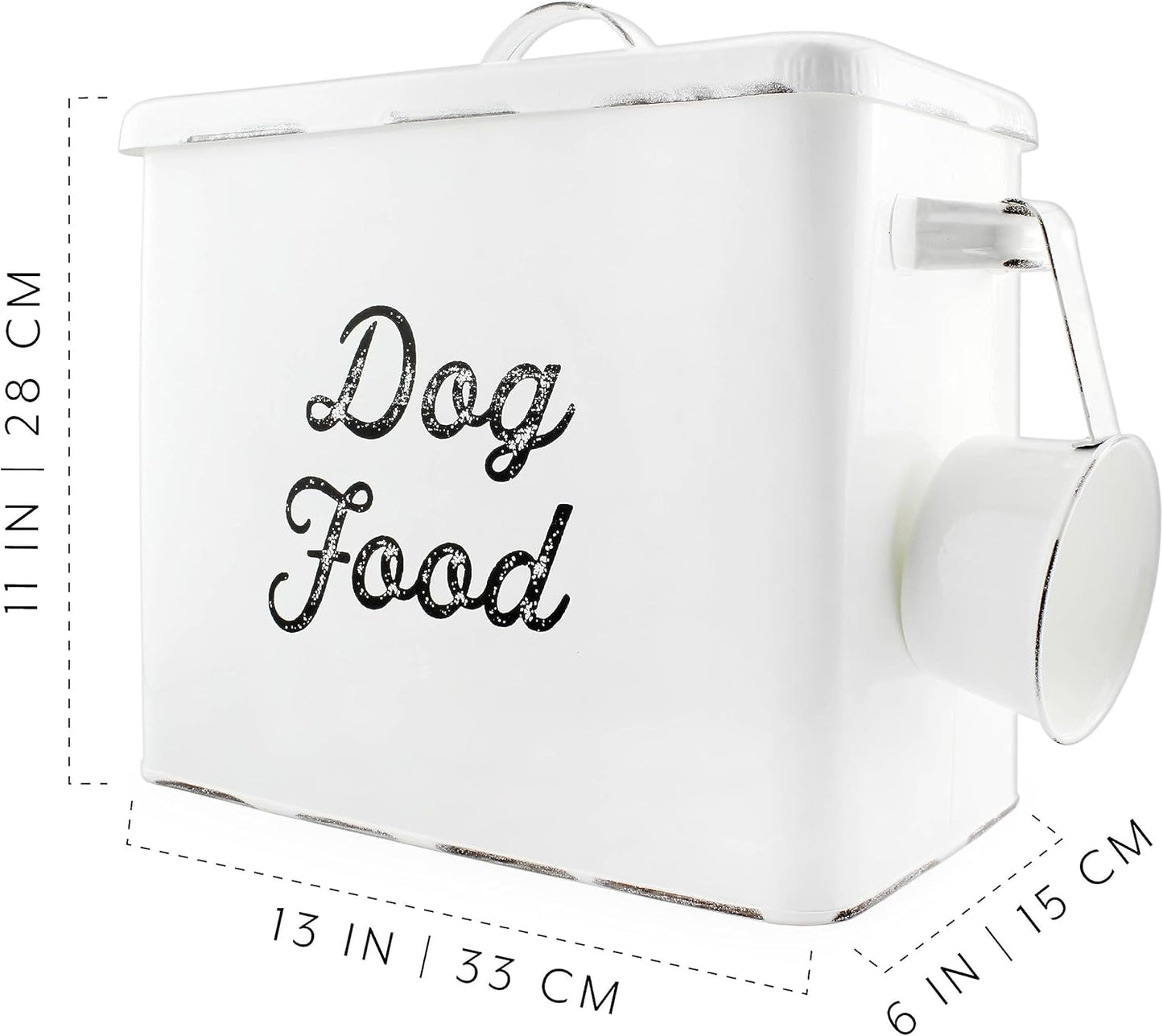 AuldHome Rustic Dog Food Canister; White Farmhouse Style Storage Bin for Small Dogs