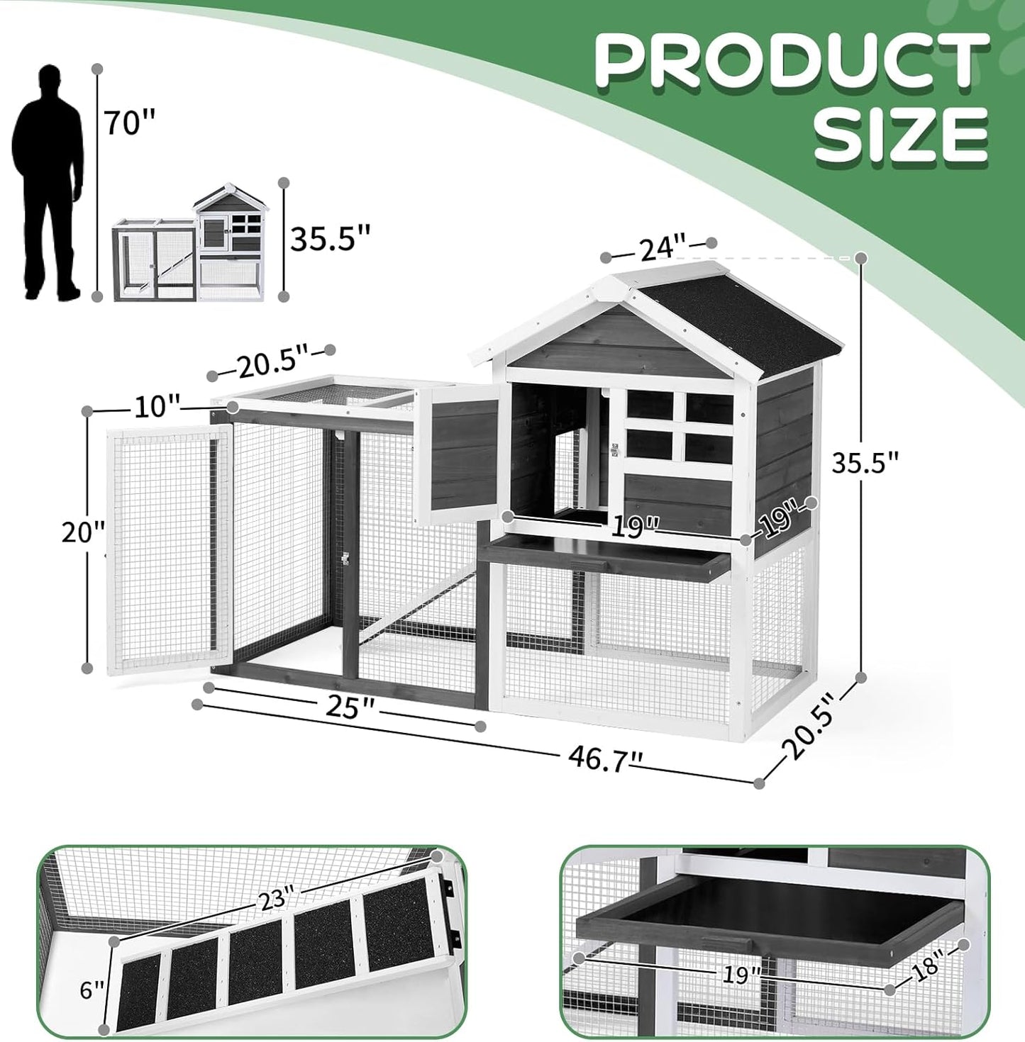 Outvita Rabbit Hutch, Small Wood Chicken Coop, 48" Guinea Pig Cage w/Pull-Out Tray, Waterproof Asphalt Roof, Chicken Run, Interactive Door for Small Animal Pen Outdoor