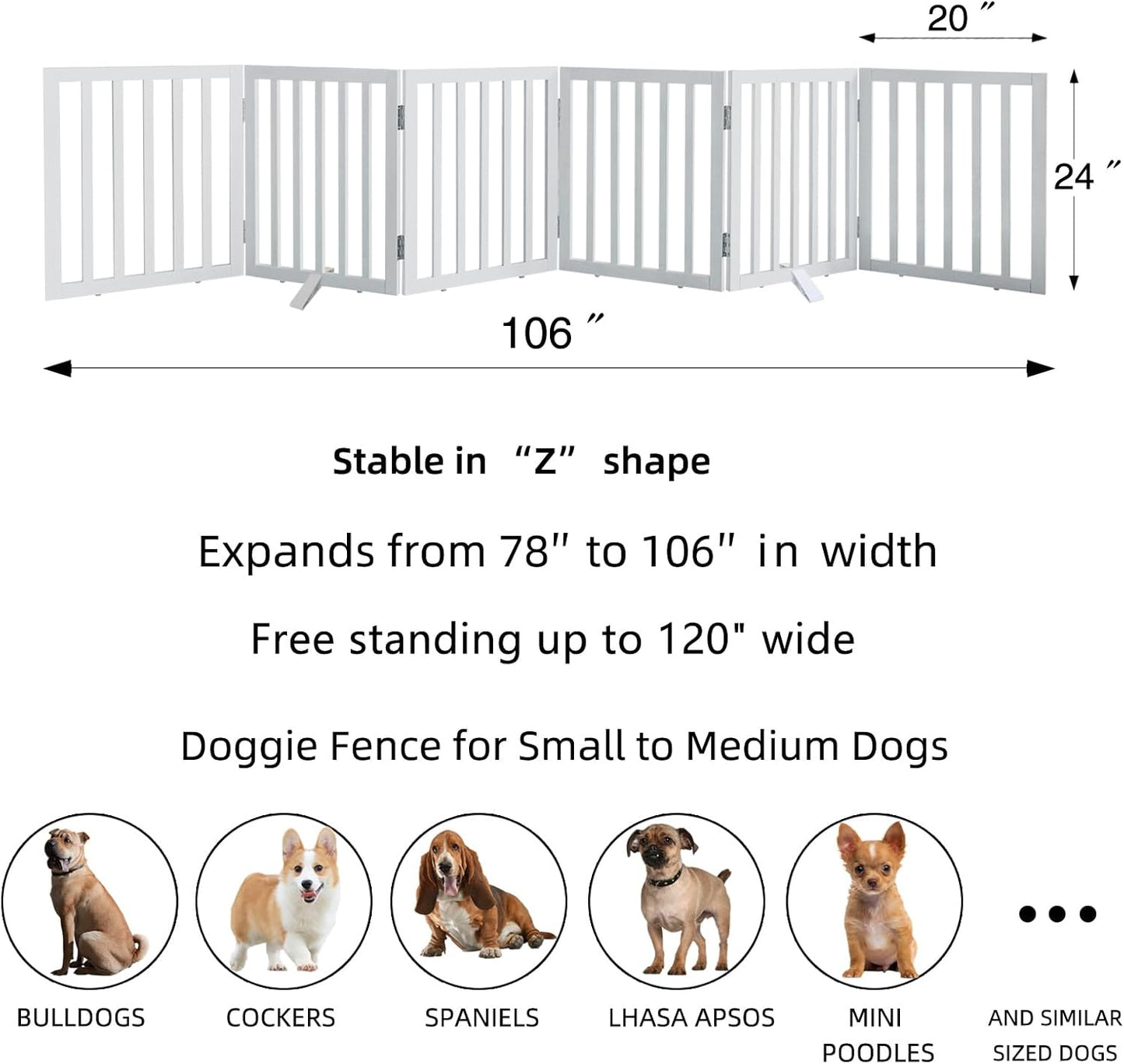 ZJSF Freestanding Indoor Dog Gate for House Foldable Wood White Puppy Gate for Doorways Pet Gate for Stairs Extra Wide Pet Fence 24" Height 6 Panels